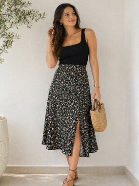 Good Luck Gem Black Floral Midi Skirt